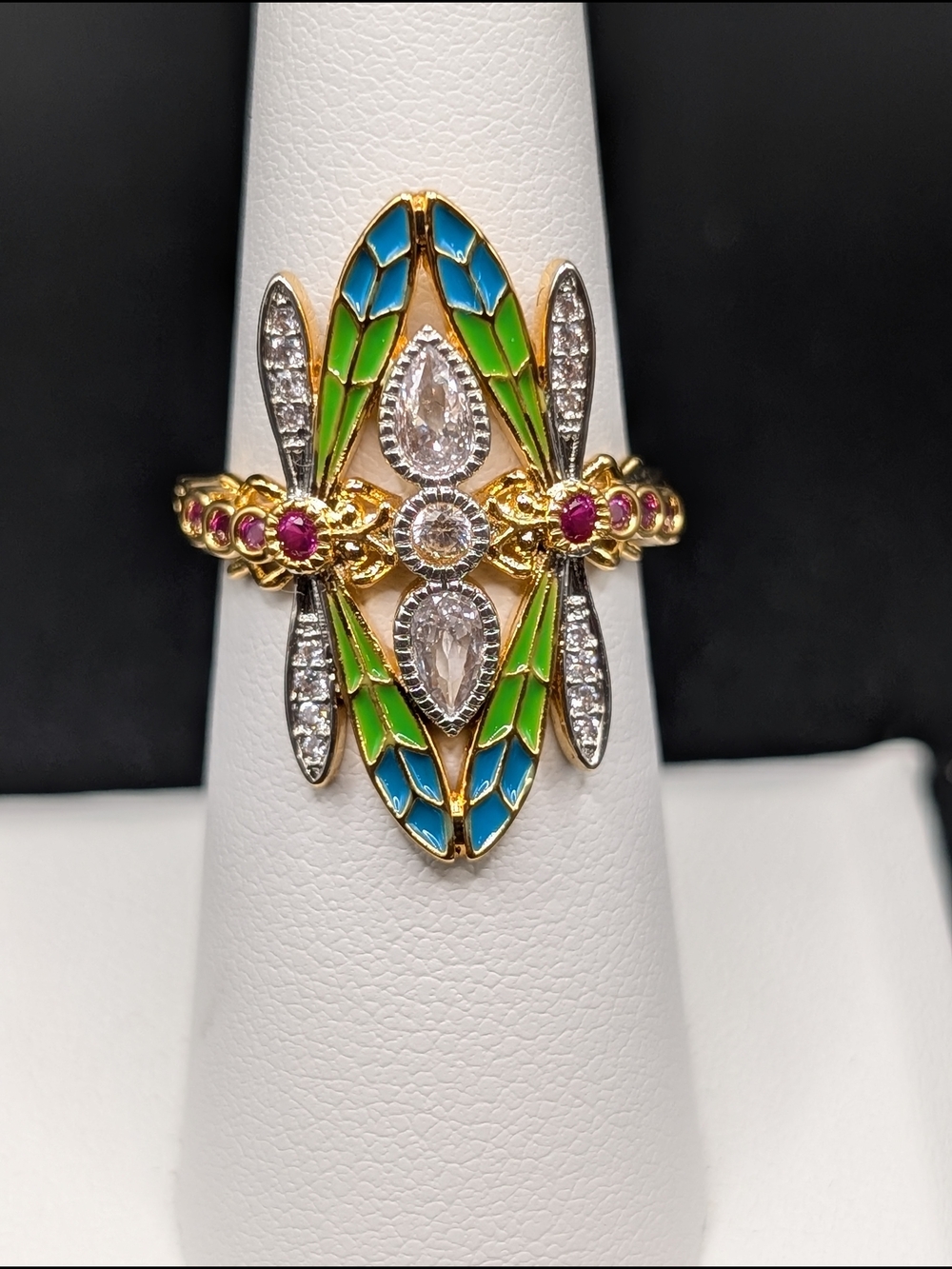 Gold Tone Dragonfly Enamel Ring with Blue & Green Accents Size 6